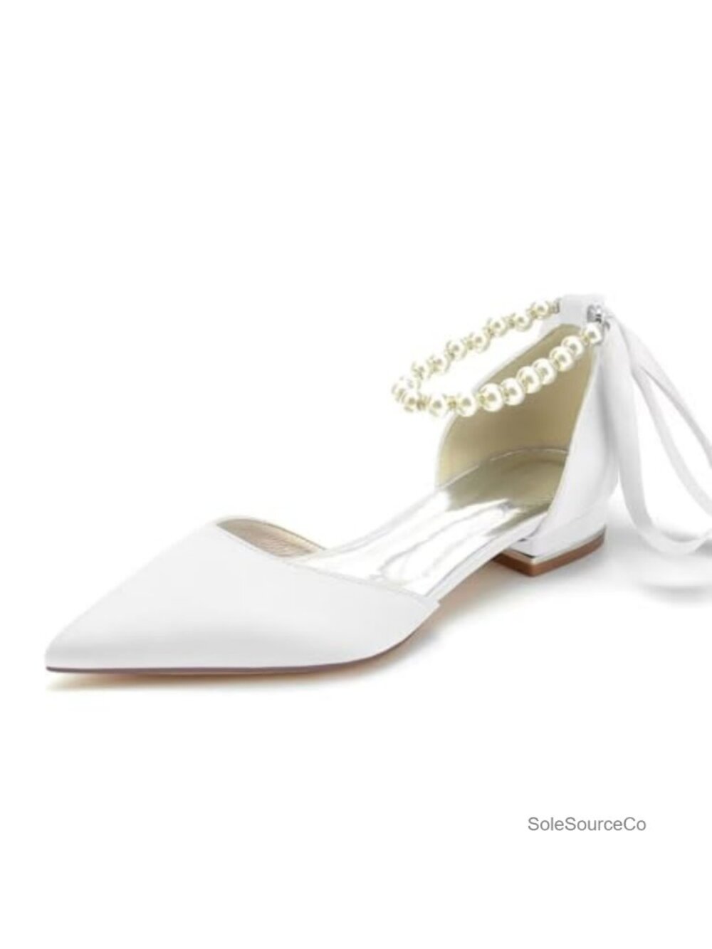 Satin Pointed Toe Pearl Ankle Strap Bridal Ballet Flats
